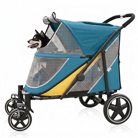 Dog Stroller for Medium/Large Dogs One-Click Folding, Extra Large Pet Stroller for 2 Dogs with Storage Pocket & Shock Absorption, Up to 130 lbs, Blue