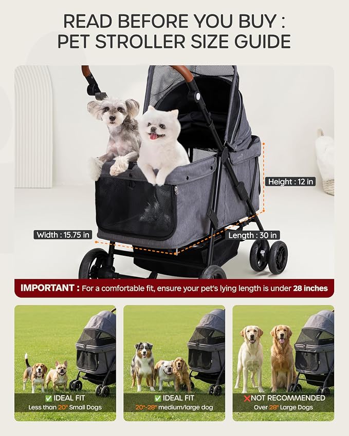 Dog Stroller for Large & Medium Dogs (20–132 lbs), Pet Stroller for 2 Small Dogs, Extra Large Heavy Duty, Foldable & Ventilated, Grey