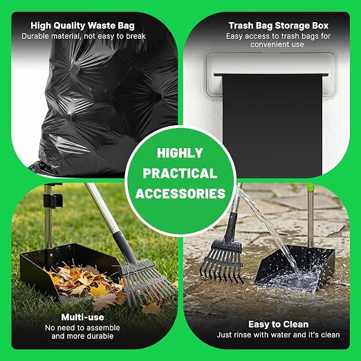 Dog Poop Trash Can Outside - 20L/5Gal Pooper Scooper Sets and Spade, Green | Outdoor Trash Can with Lid, Inner Bucket, Dog Poop Scooper Set, Metal Tray, Rake and Spade, 100 Trash Bags & Storage Box