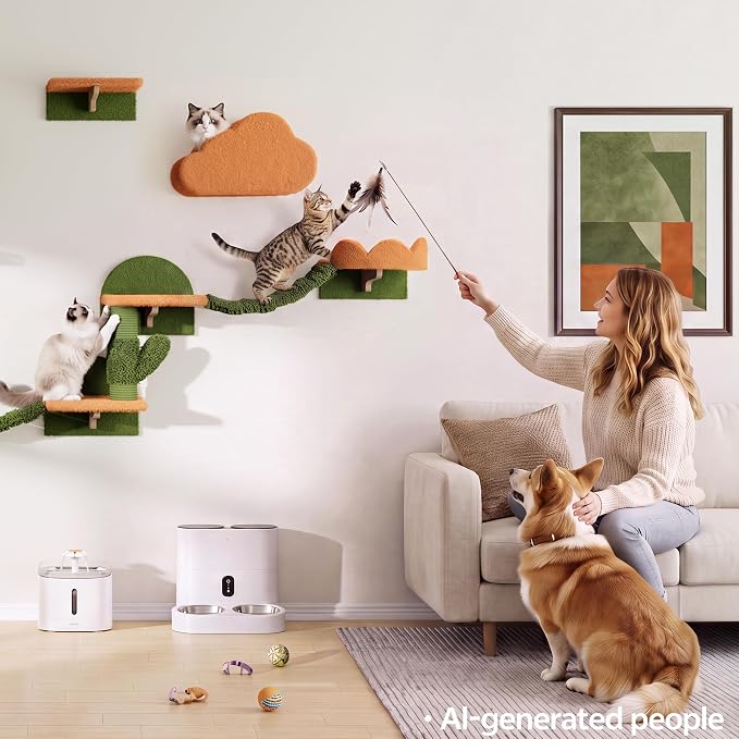 Cactus Cat Climbing Furniture Set with Floor to Ceiling Cat Tree | 5 Tier Cat Tower Adjustable Height (87-104in) and Wall Mounted Cat Shelves, with Cat Scratching Posts, Hammock, Condo, Green