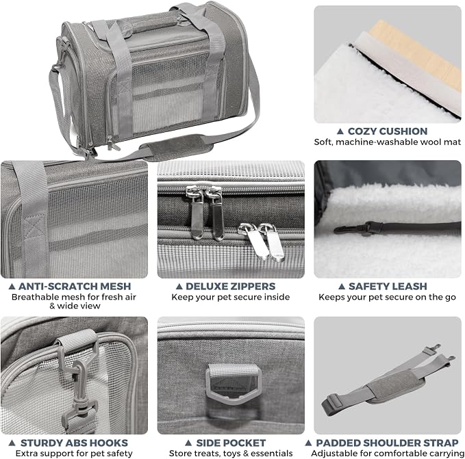Soft-Sided Cat Carrier Expandable Pet Carrier Airline Approved Mesh Travel Carrier Up to 22lbs for Cats Small Dogs Collapsible Escape-Proof with Shoulder Strap Washable (20x13x13 Gray)