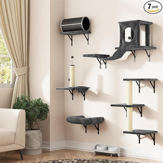 NUNU LAB 7-in-1 Cat Wall Shelves, Wall Mounted Cat Climber Set, Cat Furniture with House, Tunnel, Bridge, Steps, Scratcher, Hammock, Shelves for Indoor, Drak Grey