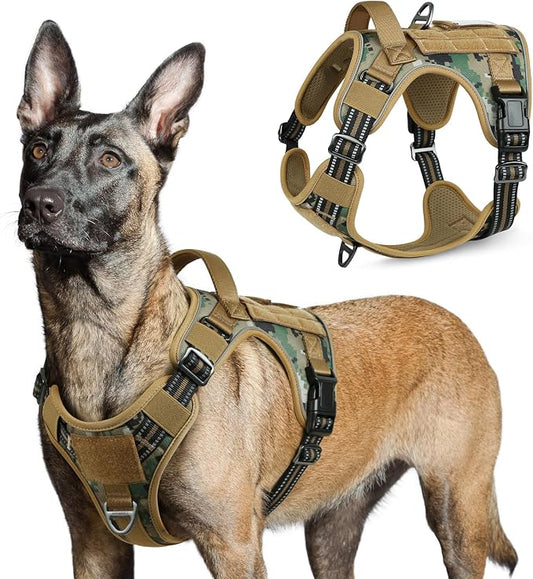 rabbitgoo Tactical Dog Harness for Large, No Pull Military Service Vest | Molle & Handle, Heavy Duty, Adjustable, Reflective Straps, Easy Control for Training Walking, Brown camo, Large