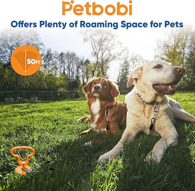 Petbobi Heavy Duty Dog Tie Out Cable and Stake - 50FT Steel Wire Dog Leads for Large Dogs Up to 300lbs, Anti Rust Spiral Stake with Strong Leash & 360° Swivel Hooks - Ideal for Yard, Outdoor & Camping