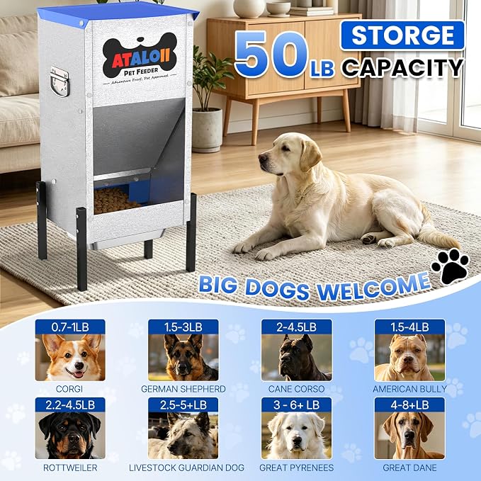 Automatic Dog Feeder 50 lbs — Height-Adjustable with Magnetic Door | Gravity Dog Feeder Dispenser, Large Capacity Self-Feeding Station for Small Medium Large Dogs, Indoor & Outdoor (Blue)