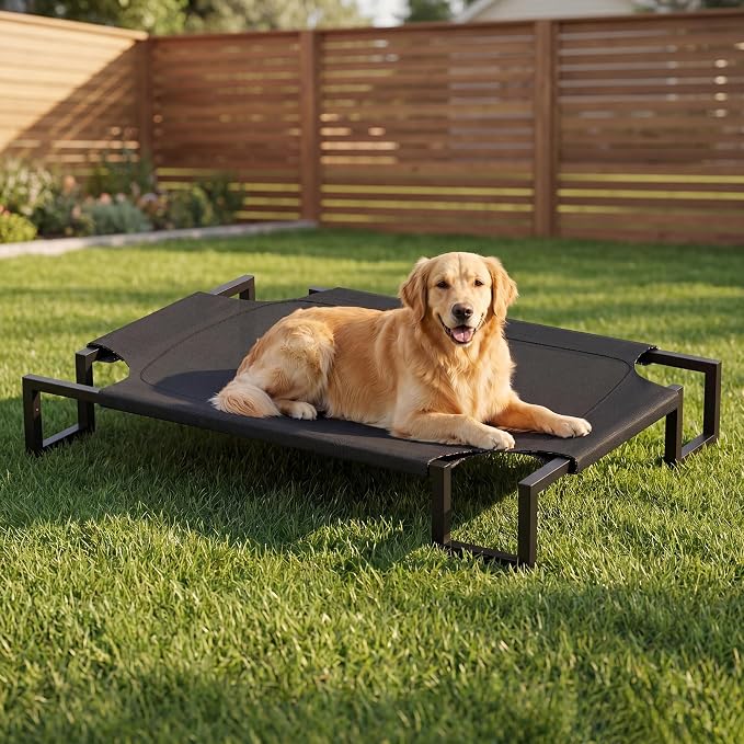 Elevated Dog Bed,Raised Outdoor Dog Bed for Large Sized Dogs Black | Portable Cooling Dog Cot with Washable Breathable Teslin Mesh,Waterproof Pet Bed for Indoor,Durable,No-Slip Feet,110×76×21cm