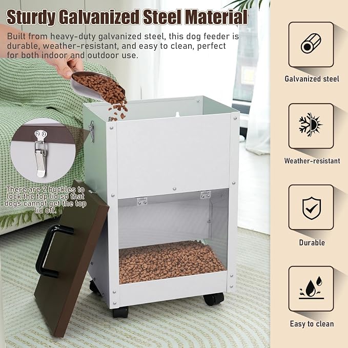 28Lbs Automatic Dog Feeder Large Breed, Easy to Move with Wheels | Outdoor Gravity Dog Feeder, Galvanized Metal Self Feeding Dog Food Dispenser with Clear Door, Pet Feeding Station