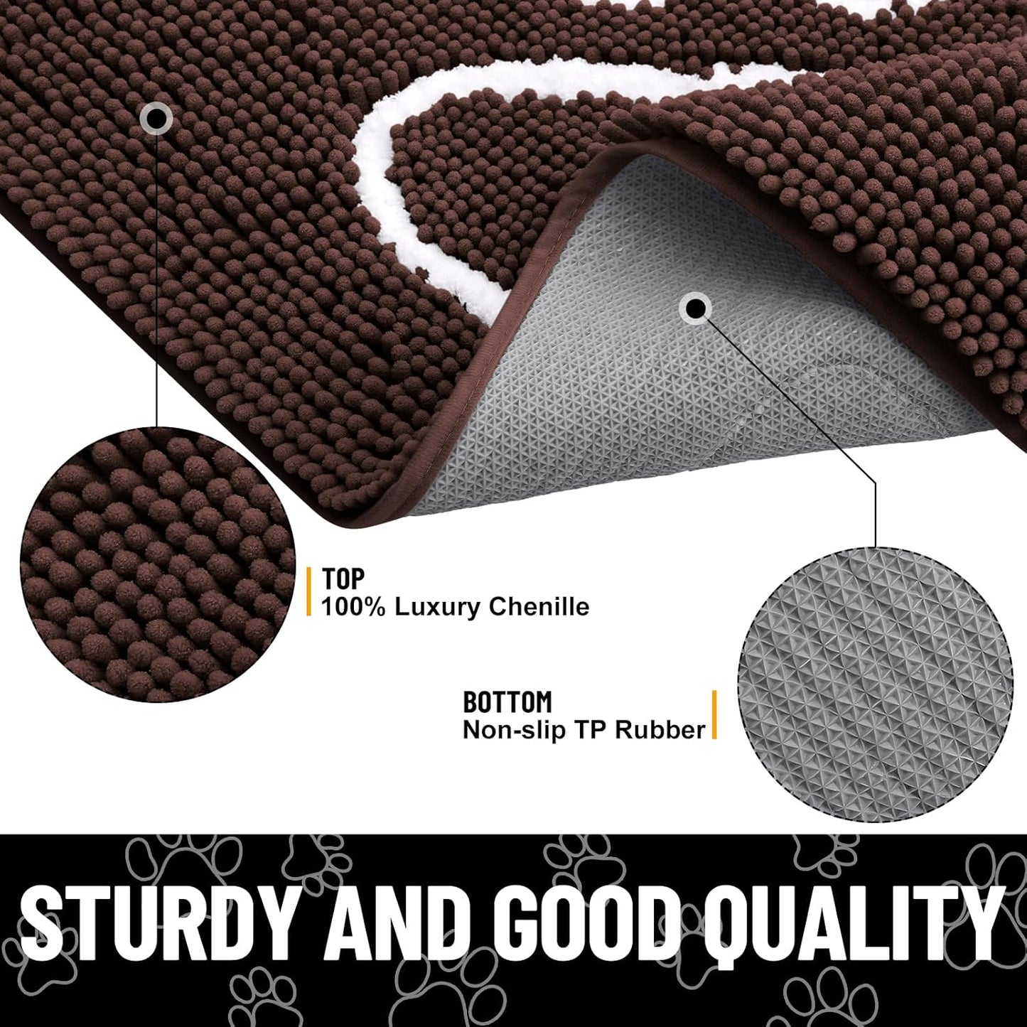 Smiry Dog Door Mat for Muddy Paws, Absorbent Dirt Trapper Non Slip Quick Dry Washable Chenille Mat for Mud Dogs, Entry Rug for Indoor and Outdoor (59x35 Inches, Brown and White)