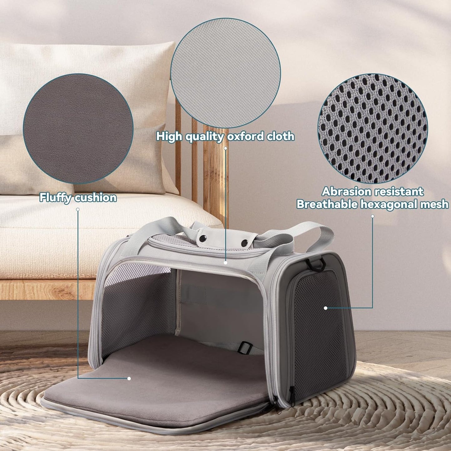 PETSFIT Cat Carrier Airline Approved, Soft Carrier for Small and Medium Cats Under 12 Lbs, Soft Cat Travel Bag, Kitten Carrier with Extendable Mat, Grey