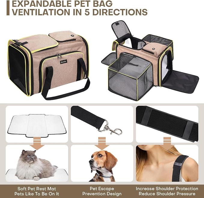 Pet Carrier, Large Soft Sided Expandable Travel Carrier with Steel Frame, Anti-Scratch Mesh, Removable Fleece Pad and Pockets for Cats, Dogs and Small Animals up to 15 lbs (Brown, 4 Sides Expandable)