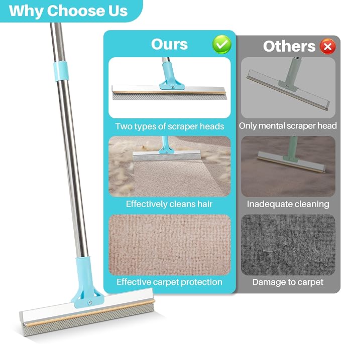 JOYMOOP Carpet Rake for Pet Hair Removal, 63" Adjustable Long Handle Pet Hair Remover, Reusable Cat Dog Hair Carpet Rake with Metal and Silicone Scraper for Rug, Sofa, Cloth