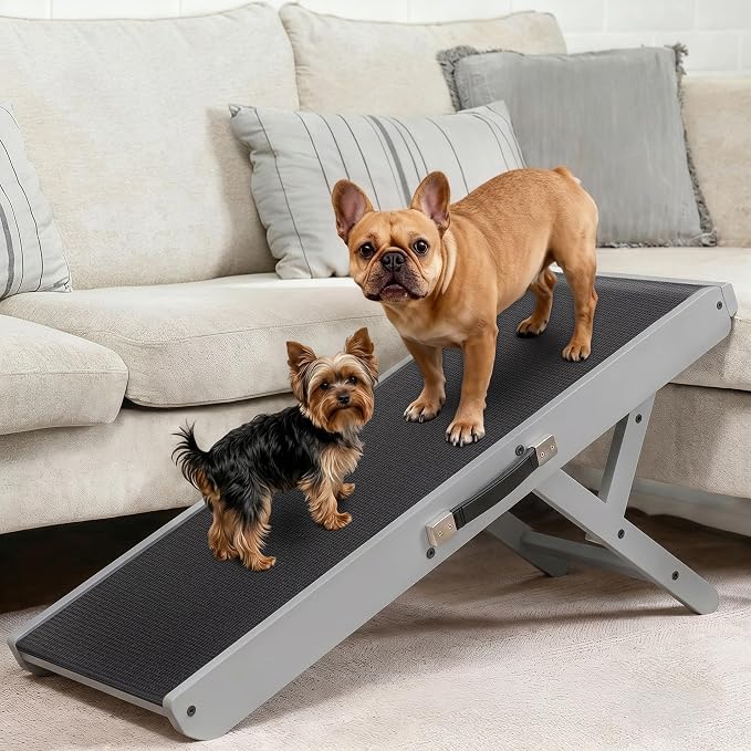 Dog Ramp for Couch – Non-Slip, Sturdy Build Foldable Wooden Dog Ramp – Supports up to 200 lbs – 7 Adjustable Heights (14"–20.5") – Enhanced Stability – Birchwood Pet Ramp for Small Dogs – Gray