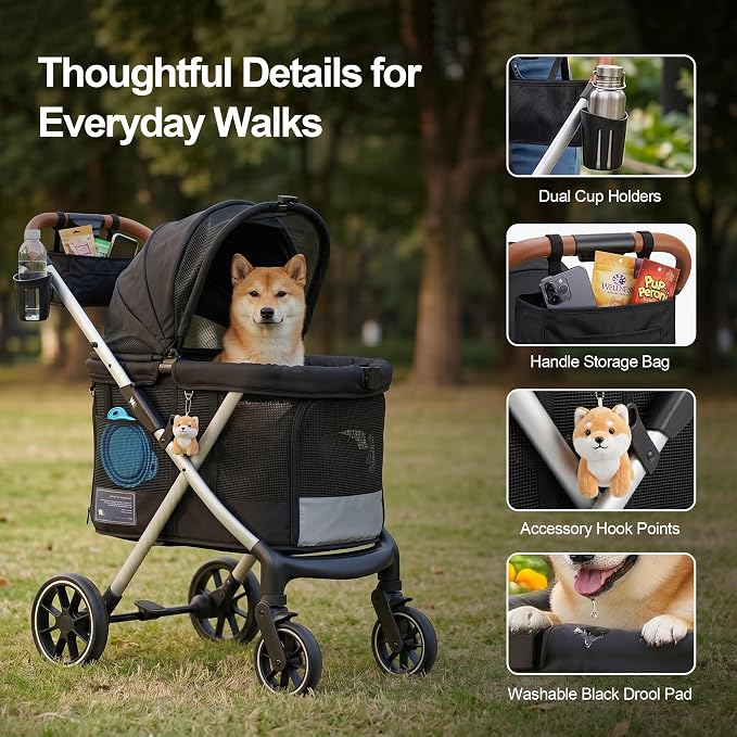 JWX Premium Pet Stroller for Small to Medium Dogs, Cats & Small Pets, One-Hand Fold Travel System, 77 lbs Capacity, All-Season Comfort Liner, Aluminum Frame, Front & Rear Entry