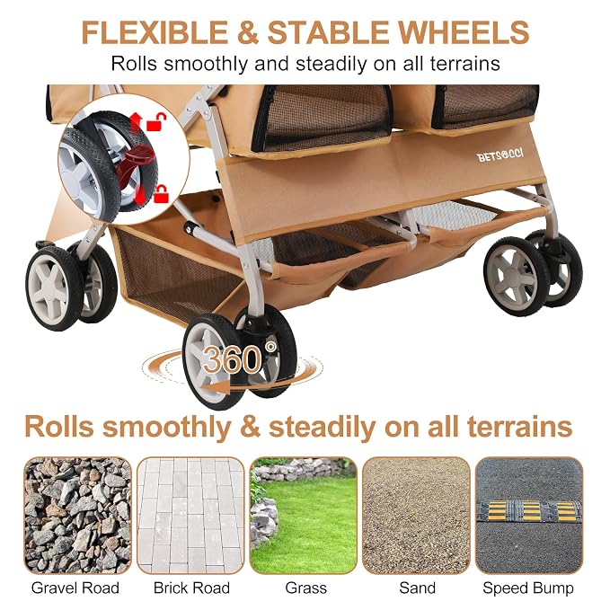Double Pet Stroller for 2 Small Dogs & Cats, Side-by-Side Twin Travel Carriage with Safety Leashes, Mesh Windows & Double Storage Baskets, Lightweight & Foldable, 44lbs Capacity, Khaki