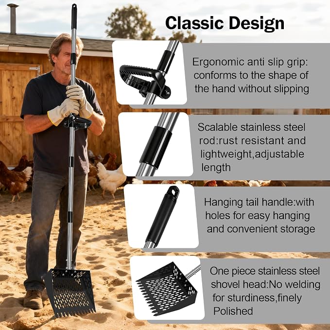 3-in-1 Heavy Duty 10" Wide One Piece Stainless Steel Chicken Pooper Scooper | 23-76" Extra Long Adjustable Handle No Bend Back Pain Relief, Pooper Scooper for Large Dogs, Shovel for Farm, Sand, Garden
