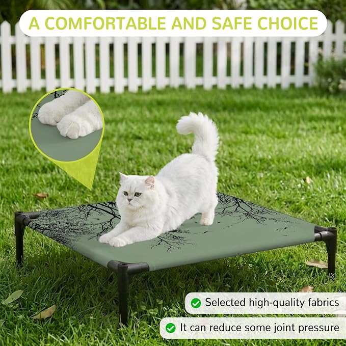 Outdoor Elevated Dog Bed for Small Dogs, Green Black Branches Breathable Cooling Raised Dog Cot for Indoor/Outdoor, Botanical Dead Tree Birds Waterproof Elevated Pet Beds, S 20 x 20 in