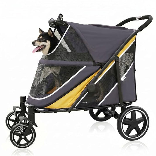 Dog Stroller for Medium/Large Dogs One-Click Folding, Extra Large Pet Stroller for 2 Dogs with Storage Pocket & Shock Absorption, Up to 130 lbs, Yellow