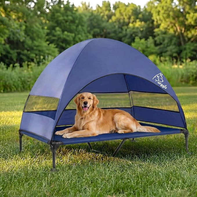 Elevated Outdoor Dog Bed with Canopy Raised Dog Cot with Shade Large Dog | Outdoor Dog Bed with Removable Wider Shade & Stable Anti-Slip Feet for Camping Raised Dogs Cot for Large Pets,Navy Blue