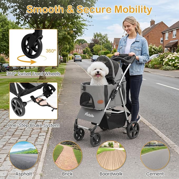 PETSITE 3-in-1 Pet Stroller for Small Medium Dogs, One-Click Foldable Dog Stroller with Detachable Carrier, Cup Holder & Storage Basket, Safety Leash, One-Step Rear Brake, Breathable Window (Grey)