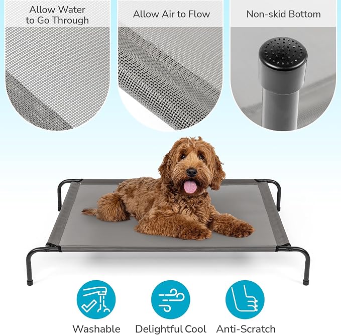 Raised Dog Bed for Large Dogs, Elevated Dog Bed, Portable Cooling Pet Cot with Breathable & Washable Mesh, Indoor & Outdoor Pet Hammock with Skid-Resistant Feet