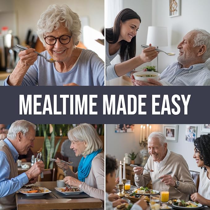 BUNMO Weighted Utensils for Hand Tremors - Elderly, Weak Hand Grip & Handicapped - Stainless Steel - Eat Independently