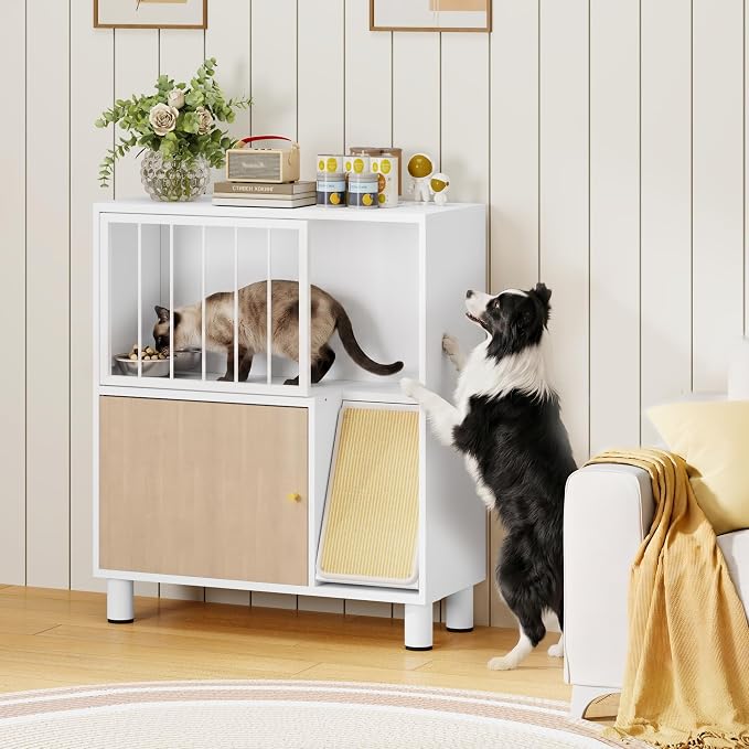 Dog Proof Cat Feeding Station, Metal Cat Feeding Cabinet, White | Elevated Cat Feeding Station, Pet Food Station with Storage, Cat Bowl Stand, Scratching Board, Stainless Steel Bowls