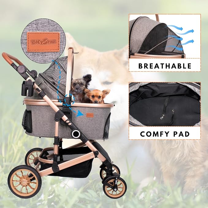 Bicystar Dog Stroller with Detachable Carrier, Rubber Wheels, 50 lbs, Grey | 3-in-1 stroller and car seat, real solid rubber wheels, fits 2 small or 1 medium pet, foldable frame
