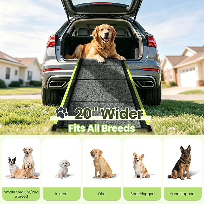 Hassky Dog Ramp for Cars - 70" L × 20" W with Reflective Strip | Foldable Non-Slip Pet Ramp for SUV Trunk Vehicle, Heavy Duty for Large & Senior Dogs, Indoor & Outdoor Universal Use