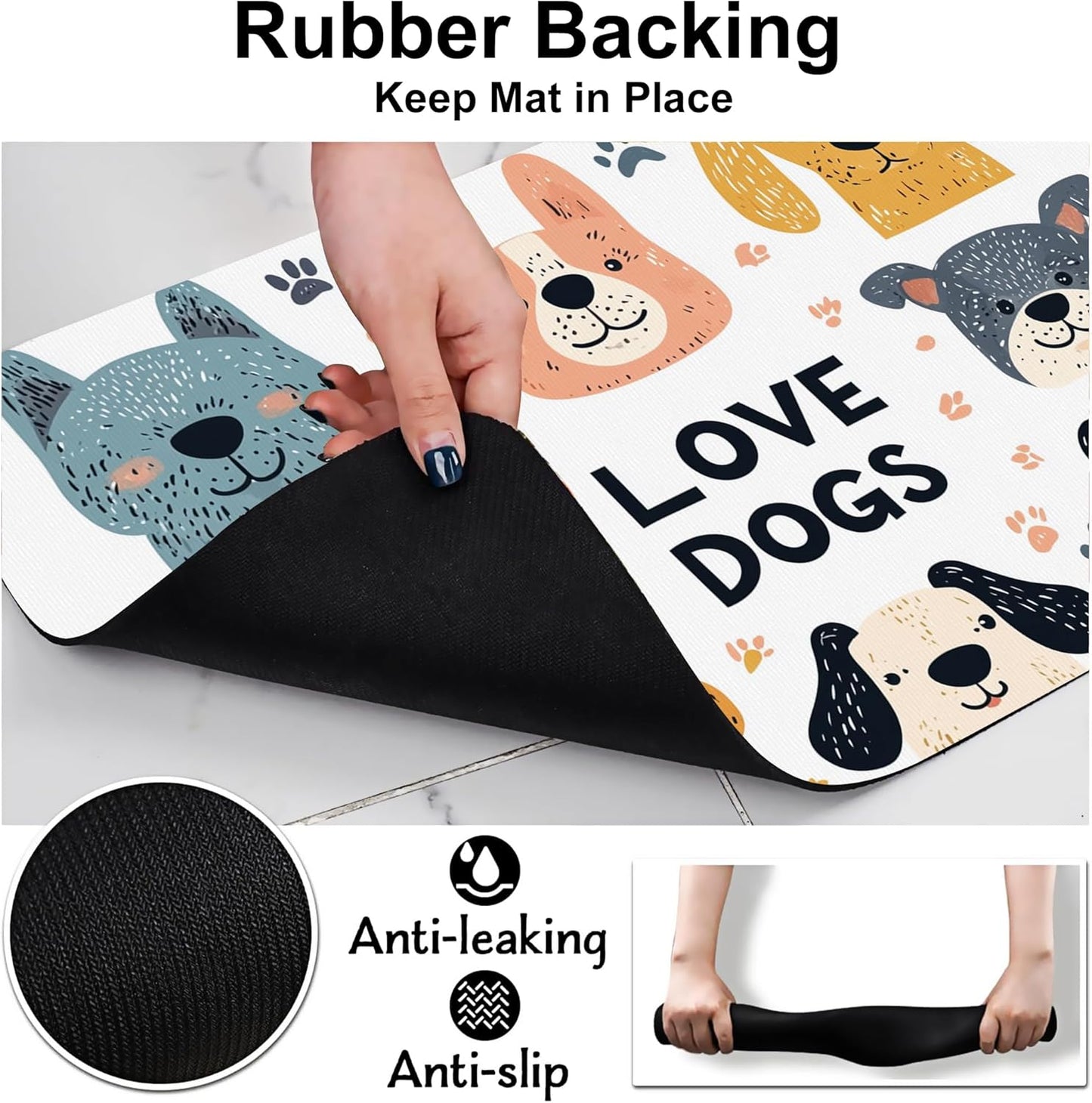 Cute Dogs Pet Cat Dog Food Mat-Absorbent Quick Dry Feeding Placemat for Water and Food, No Stains Rubber Base Mat for Indoor Use, Pet Accessories 16"x24"