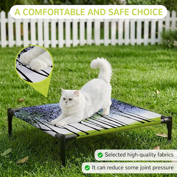 Outdoor Elevated Dog Bed for Small Dogs, Blue Green Forest Breathable Cooling Raised Dog Cot for Indoor/Outdoor, Modern Nature Tree Branch Landscape Waterproof Elevated Pet Beds, S 20 x 20 in