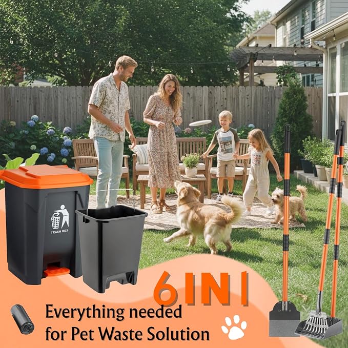 Pooper Scooper 6 Pack Set -INCL 15L Trash Can Outside, 20 Waste Bags, 38" Long Handle Dog Pooper Scooper Rake Tray Spade Set for Large Dog,OdorLock Step Can for no Touch Dog Poop for Grass/Gravel