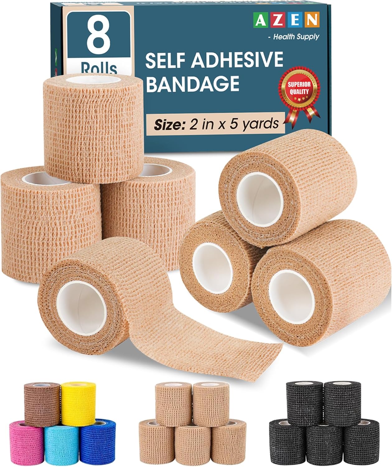 AZEN 8 Pack Self Adhesive Bandage Wrap, 2" X 5 Yards Elastic Cohesive Bandage Wrap, Skin Color Athletic Tape, Vet Wrap, Ankle Tape, Tattoo Grip Tape Wrap