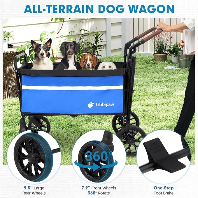 LUFFWELL Foldable Dog Wagon with Ramp, Medium & Large Dogs, Blue | All-terrain wheels, One-step brake, Adjustable handle, Side pockets, 200 lb capacity