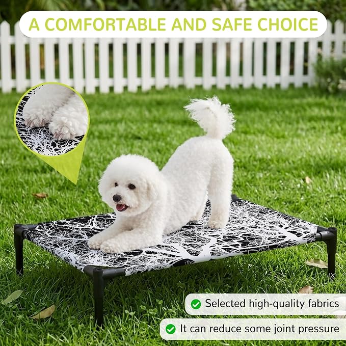 Outdoor Elevated Dog Bed for Large Dogs, Modern Tree Branches Breathable Cooling Raised Dog Cot for Indoor/Outdoor, Contemporary Black Botanical Waterproof Elevated Pet Beds, L 28 x 22 in