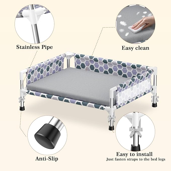 Elevated Dog Bed, Cooling Outdoor Dog Cot with with Breathable Mesh, Raised Pet Bed with 3-Sided Guard Rails, Indoor and Outdoor (Medium)