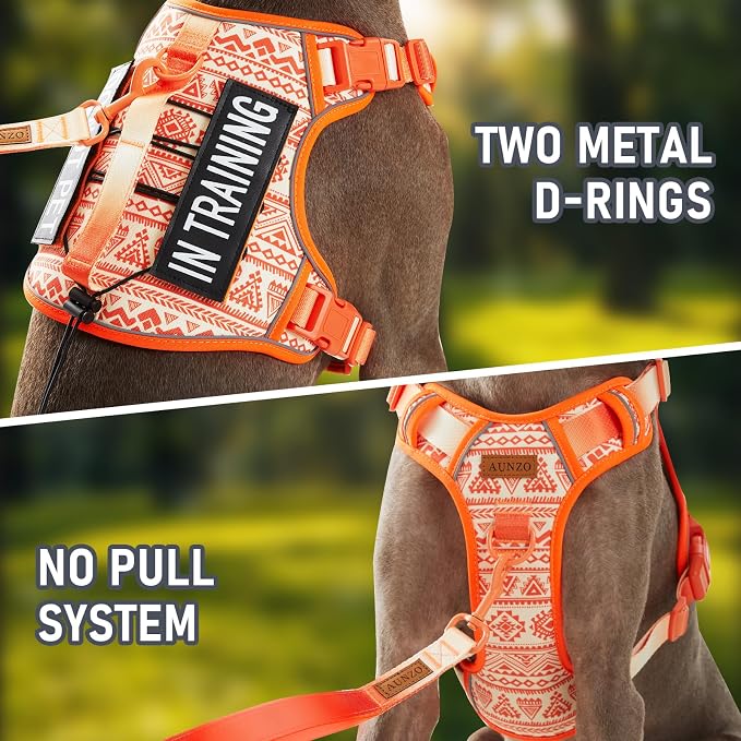 Small Dog No Pull Dog Harness, Pet Harness with Reflective Strip Soft Padded Handle, Adjustable Vest Harness for Walking Hiking Training, Geometric Pattern, Beagle, Orange Ethnic, S