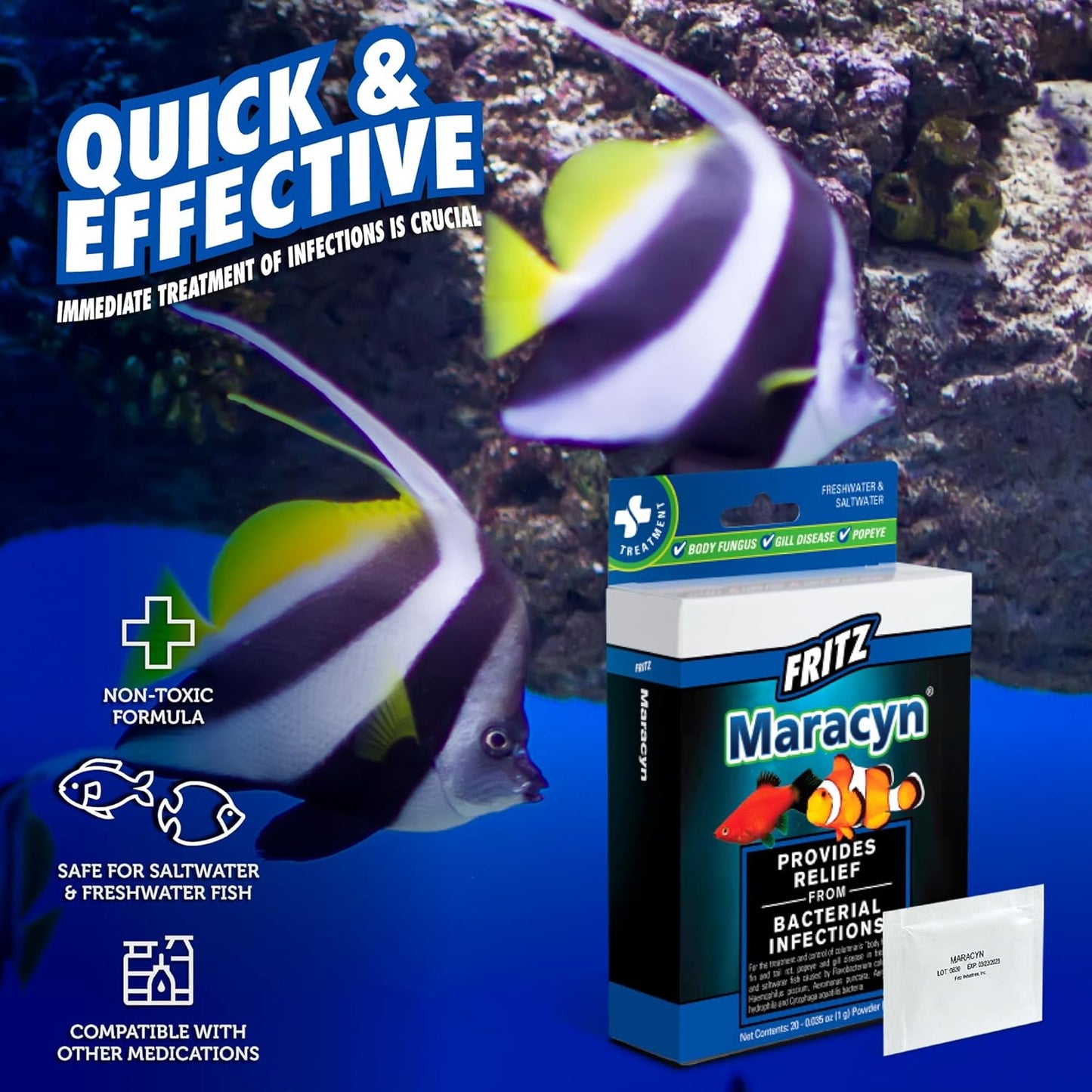 Fritz Maracyn - for Saltwater and Freshwater gram-Positive Relief from Bacterial gil, Popeye, More - Easy dose Packets, 20 Count