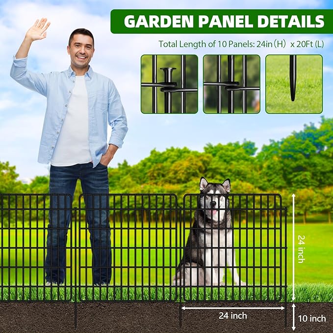 10 Panels Garden Fencing Animal Barrier with Lock, 24 in(H) X 20 Ft(L) Dog Fence Outdoor for Yard Rustproof No Dig Decorative Tall Garden Fence Metal Wire Panel Border Rabbit Ground Stakes Fencing