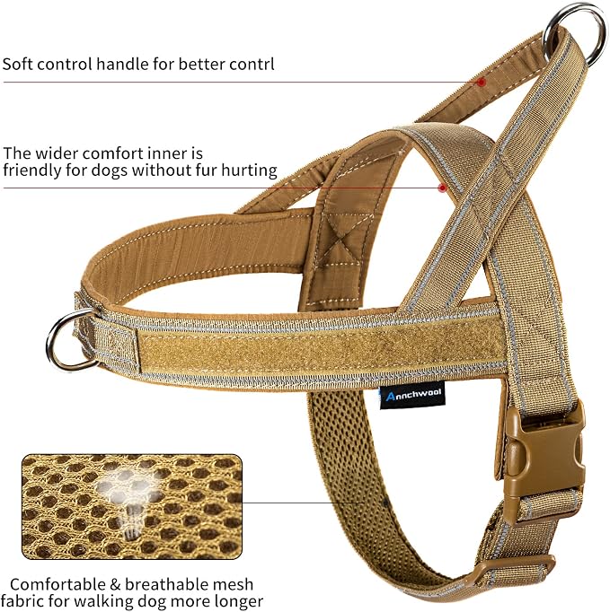 Annchwool No Pull Dog Harness with Padded Handle+5 Ft Leash,Reflective Strip Escape Proof and Quick Fit to Adjust Dog Harness,Easy for Training Walking for Small & Medium and Large Dogs(Brown-Set,S)