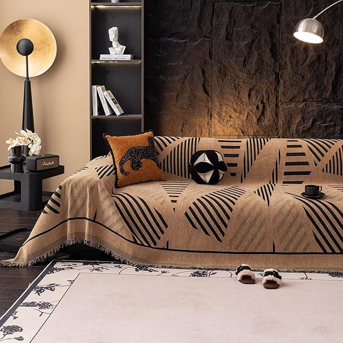VClife Couch Cover Boho Style Sofa Cover for Dog, Modern Chenille Couch Cover for 3 Cushion Couch Sofa, Non Slip Brown Geometry Couch Protector with Tassel Sofa Slipcover Throw, 71"X134"