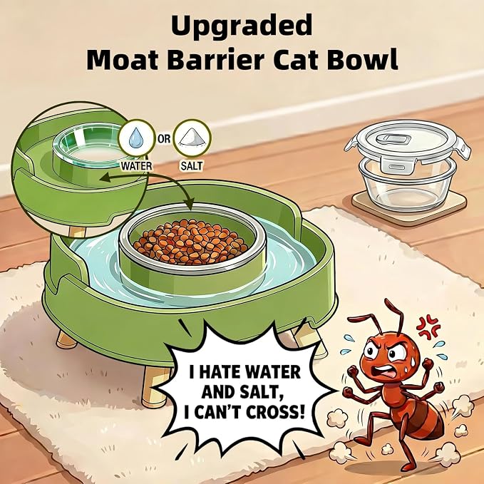 Ant Not Cross Elevated Cat Bowls Mess Proof-2 Food Grade Glass Bowls & 1 Lids- No Spill Cat Food and Water Feeding Station for Cats&Puppy Indoor & Outdoor,No Whisker Fatigue Dish,Beige