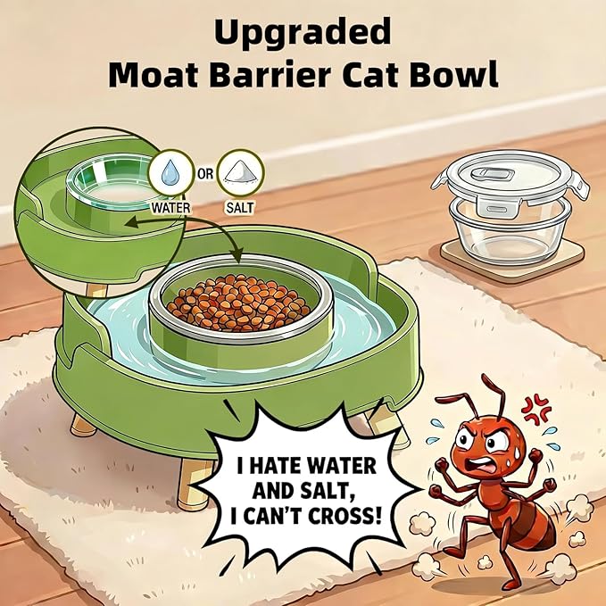 2 Pack Ant Not Cross Elevated Cat Bowls Mess Proof-4 Food Grade Glass Bowls & 2 Lids- No Spill Cat Food and Water Feeding Station for Cats&Puppy Indoor & Outdoor,No Whisker Fatigue Dish
