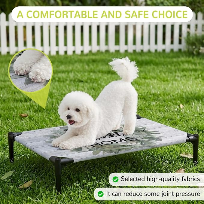 Outdoor Elevated Dog Bed for Medium Dogs, Farmhouse Leaves Breathable Cooling Raised Dog Cot for Indoor/Outdoor, Florals Country Vintage Gray Wood Waterproof Elevated Pet Beds, M 24 x 20 in