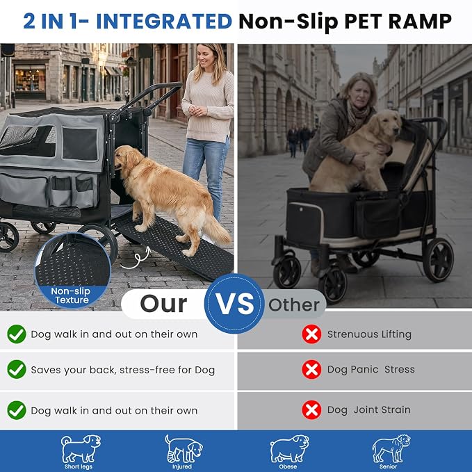Large Dog Stroller for Medium & Large Dogs up to 350 lbs,Foldable Pet Wagon | Rear Ramp for Senior Dogs,Adjustable Handle,Washable Pad,All Terrain Wheels,Breathable Mesh Doors & Multiple Storage Pockets