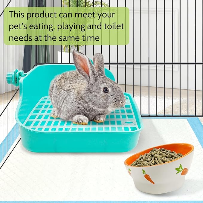 PINVNBY Multi-Purpose Plastic Rabbit Litter Box Set, 5 Disposable Pet Pads, Mini Broom & Dustpan, Ceramic Rabbit Feeding Bowl - Ideal for Rabbits, Guinea Pigs