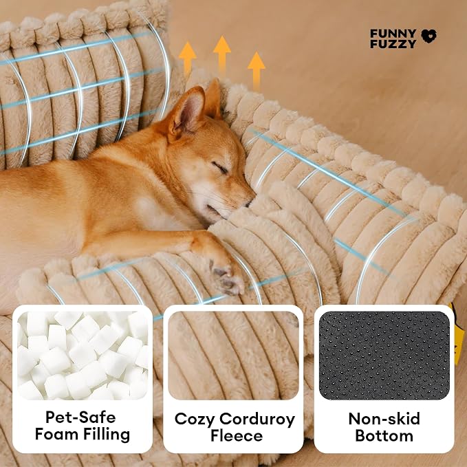 FUNNY FUZZY Dog Bed, Fluffy XXL Orthopedic Dog Couch with Pillow | Support Dog Bed for Extral Large Dogs, Cozy Corduroy Flannel, Non-slip, Snoozy Dream 47"×29.5"×15.7", Camel, Up to 75 Lbs