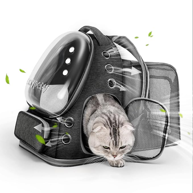 Cawypety Expandable Cat Backpack,Cat Bubble Backpack Carrier for Carrying Cats, Pets and Small Dogs,Airline-Approved,Designed for Travel, Hiking, Walking,Car （Black