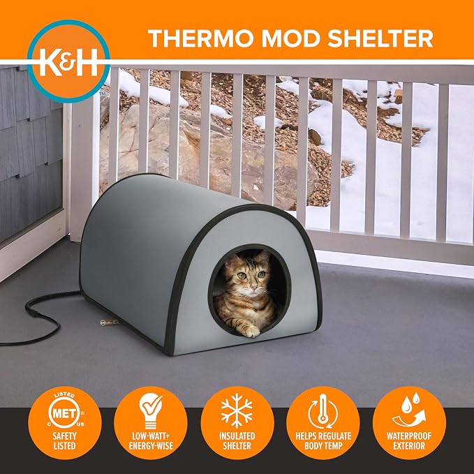 K&H Heated Cat House, Thermo Mod Kitty Shelter Outdoor, Safety Listed, 25W | Heated Cat House for Outside, Weatherproof Shelter for Ferals, Insulated with Smart Thermostat, Washable Cover, Gray