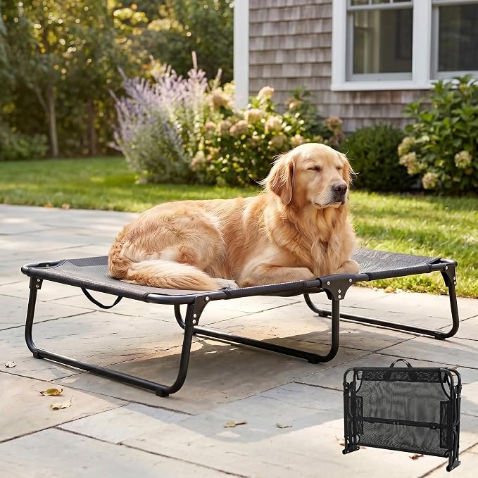 Foldable Outdoor Elevated Dog Cot Bed with Handle | Large Raised Pet Bed Load Over 150 LB, Breathable Mesh, Heavy Duty Frame, Non-slip Foot Pads