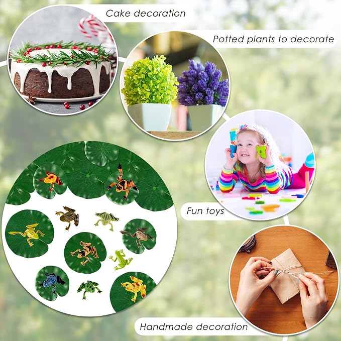 Hungdao 24 Pieces Mini Plastic Frog Toys & Artificial Lily Pads, Include Colorful Realistic Frogs Rainforest Animals Pond Toys & Floating Foam Leaves for Kids Sensory Bin Water Table Pool Cake Decor